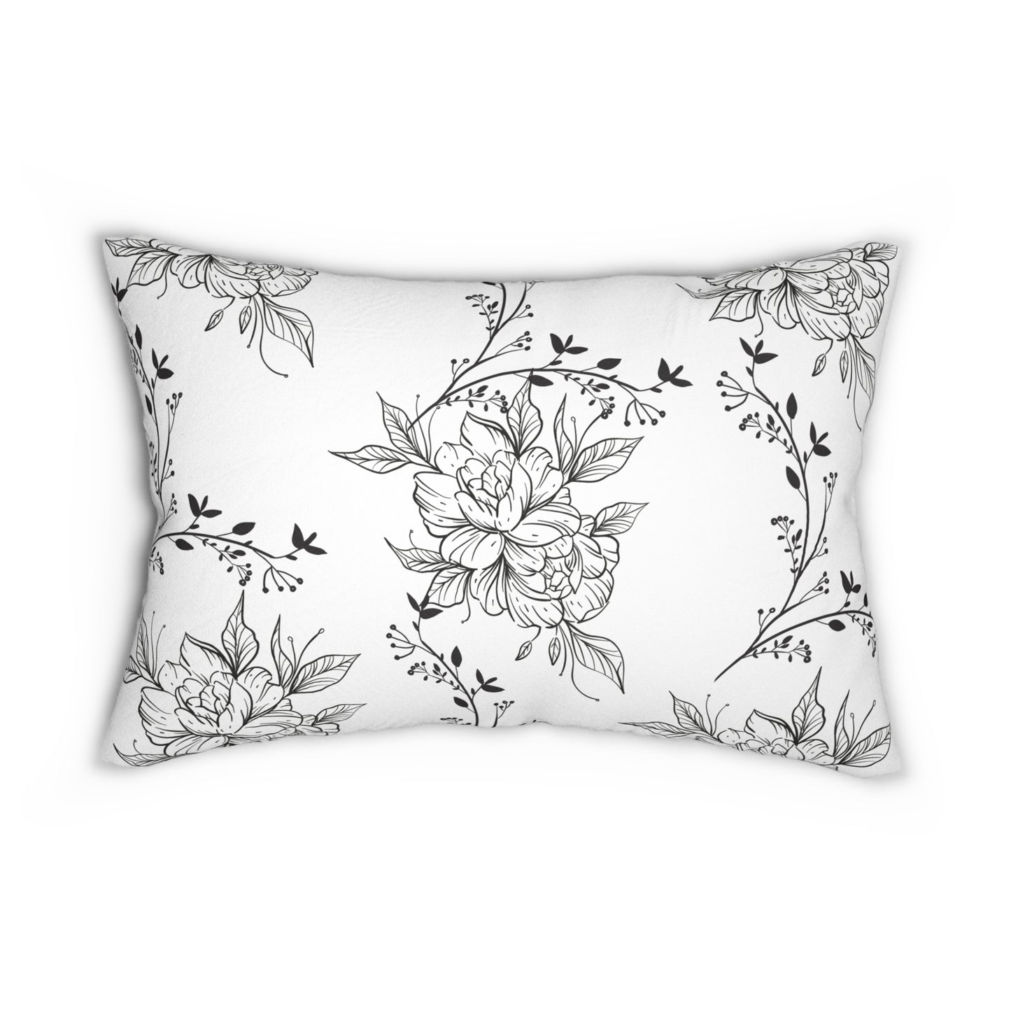 black and white floral Spun Polyester Lumbar Pillow
