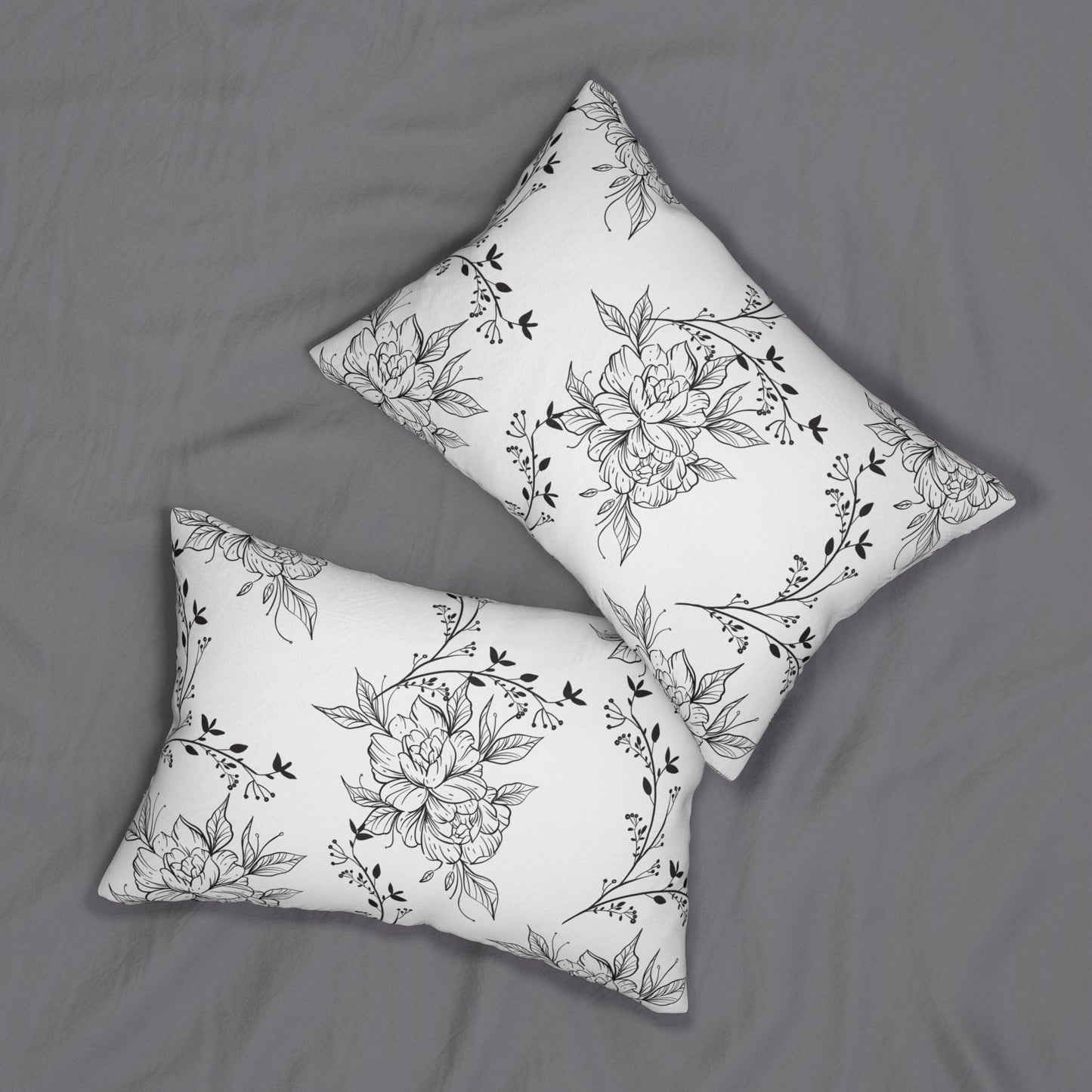 black and white floral Spun Polyester Lumbar Pillow